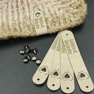 5 x Metka z nitem "Handmade" - jasny beż